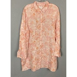 Sigrid Olsen‎ Blouse Plus 1X Coral Floral Linen Button Up Roll Tab Sleeves Tunic